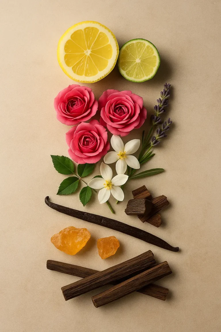 A vertical flat lay photo showing the structure of perfume notes, with citrus fruits at the top, flowers in the middle, and woody elements like vanilla, resin, and sandalwood at the bottom.