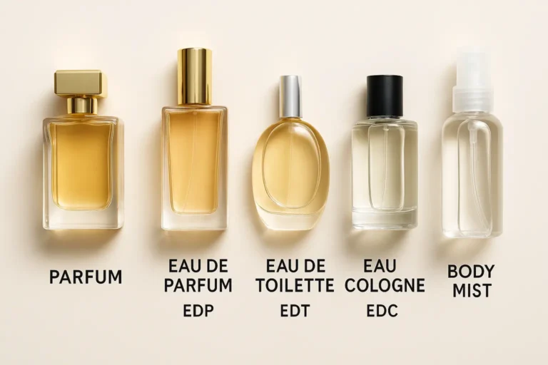 A flat lay photo comparing five types of fragrance bottles labeled Parfum, EDP, EDT, EDC, and Body Mist, arranged in order from strongest to lightest concentration.