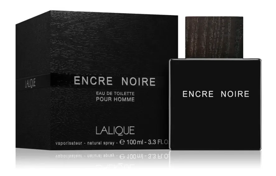 Lalique Encre Noire 향수와 상자가 놓여져 있는 제품 사진