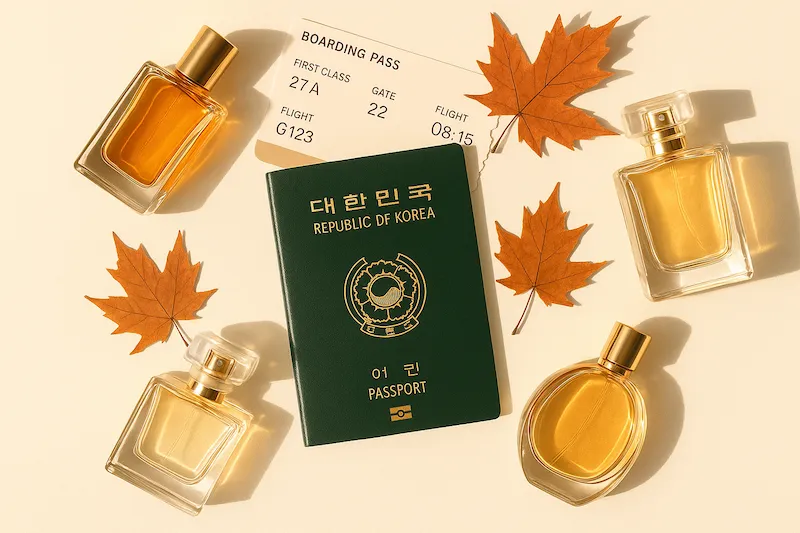 면세점 향수, 여권, 항공권이 함께 배치된 여행 컨셉 플랫레이