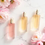 봄 여자 향수 추천 – 피오니, 프리지아, 벚꽃으로 꾸며진 향수 플랫레이