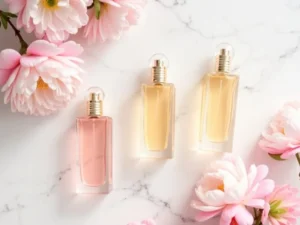봄 여자 향수 추천 – 피오니, 프리지아, 벚꽃으로 꾸며진 향수 플랫레이