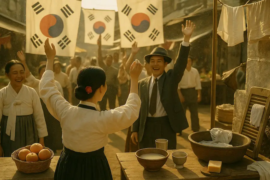 광복절이 된 그 순간, 1945년의 그 날을 상상하며 사람들이 만세를 부르고 있다.